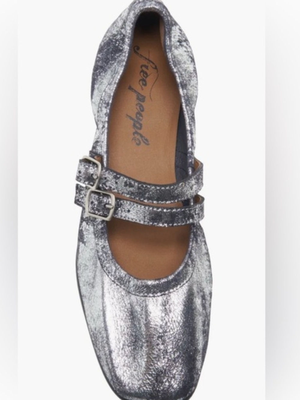 Silver Metallic Mary Jane Ballet Slippers, Flat with Double Buckle